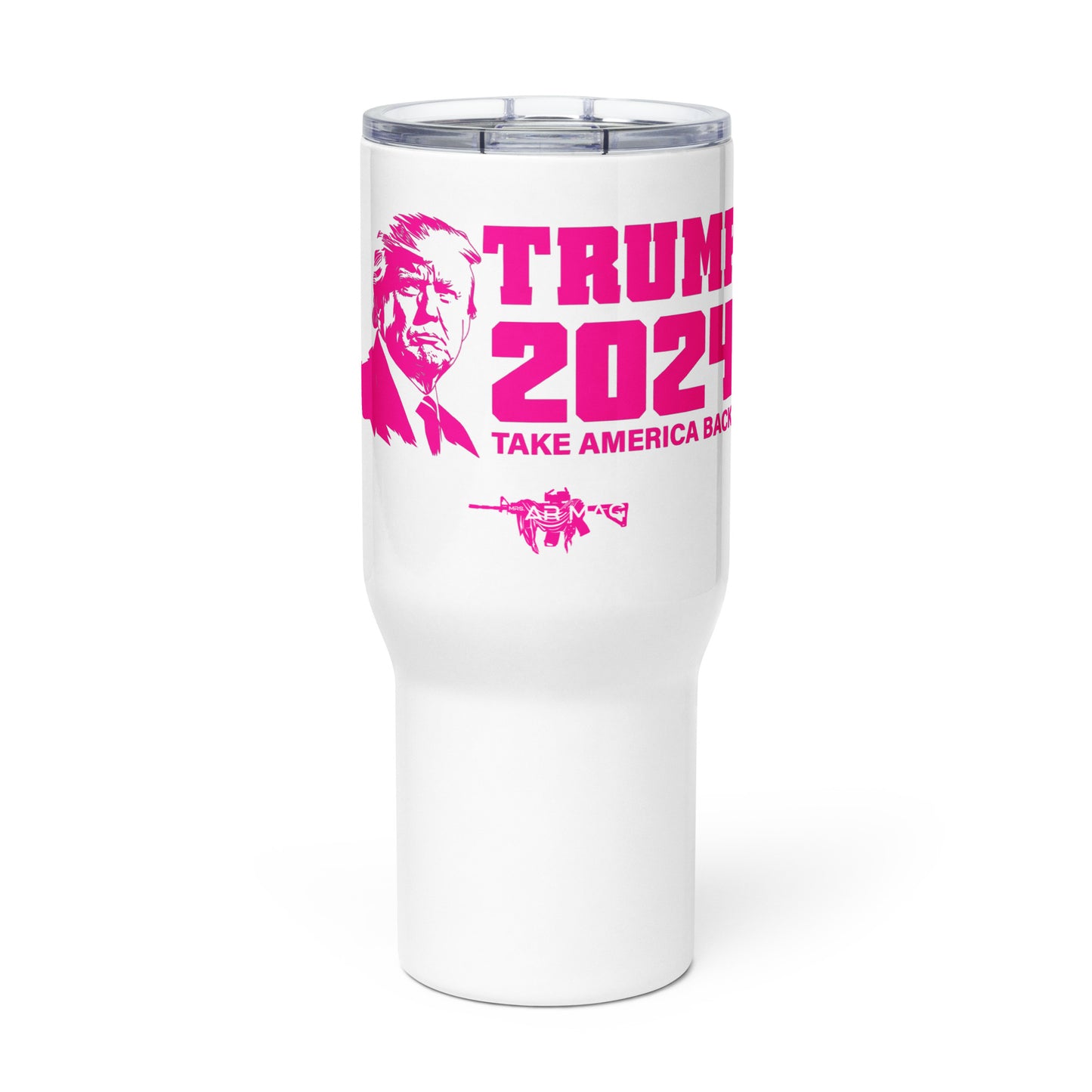 Pink Trump 2024 Mrs. AR Mag Travel mug with a handle